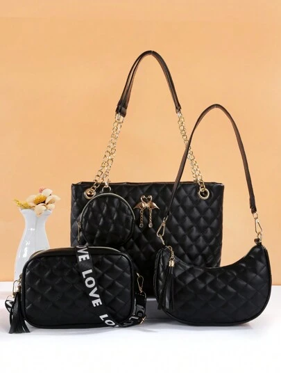 4 件套绗缝刺绣火烈鸟装饰女士组合包套装，时尚斜挎单肩托特包，用途广泛且无压力