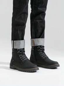 SHOESMALL Men's Waterproof Leather Work Boots With Rubber Sole Fashion  Ankle Black Shoes Casual Boot Hiking Zipper Chukka Boots For Men - AMY8118A-黑色 - 查看 2