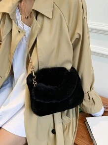 大容量絨面鏈肩手提包,手袋,女士斜背包,秋冬季節,日常使用 - 黑色 - 查看 5