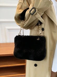 大容量絨面鏈肩手提包,手袋,女士斜背包,秋冬季節,日常使用 - 黑色 - 查看 3