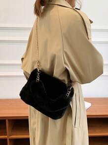 大容量絨面鏈肩手提包,手袋,女士斜背包,秋冬季節,日常使用 - 黑色 - 查看 4