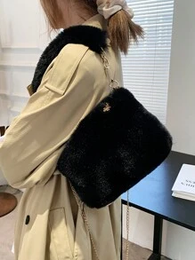 大容量絨面鏈肩手提包,手袋,女士斜背包,秋冬季節,日常使用 - 黑色 - 查看 2