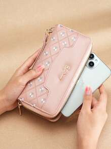 Colorblock Embroidered Phone Pouch With Multi Card Slot Women Wallet And Coin Hot Pink For Women Wallet Purse Wallet Long Wallet Wristlet Wallet - Pink - View 6