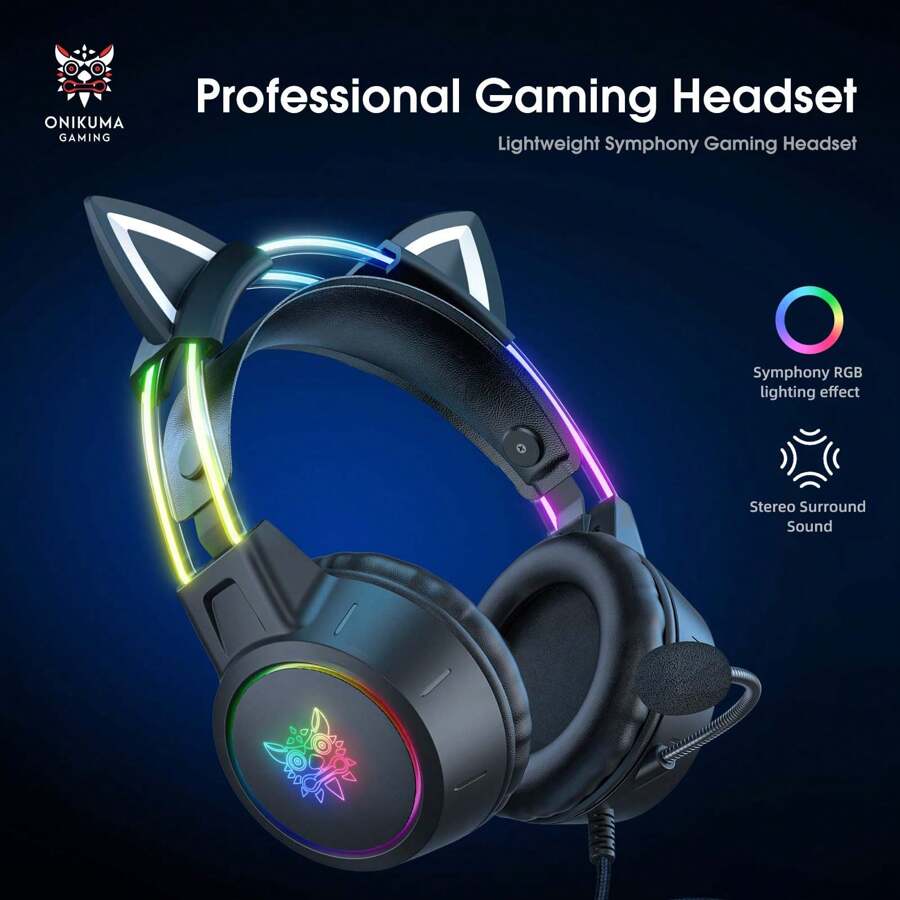 ONIKUMA X15 Pro 游戏耳机，配备动态 RGB 灯效、可拆卸猫耳、麦克风和环绕立体声