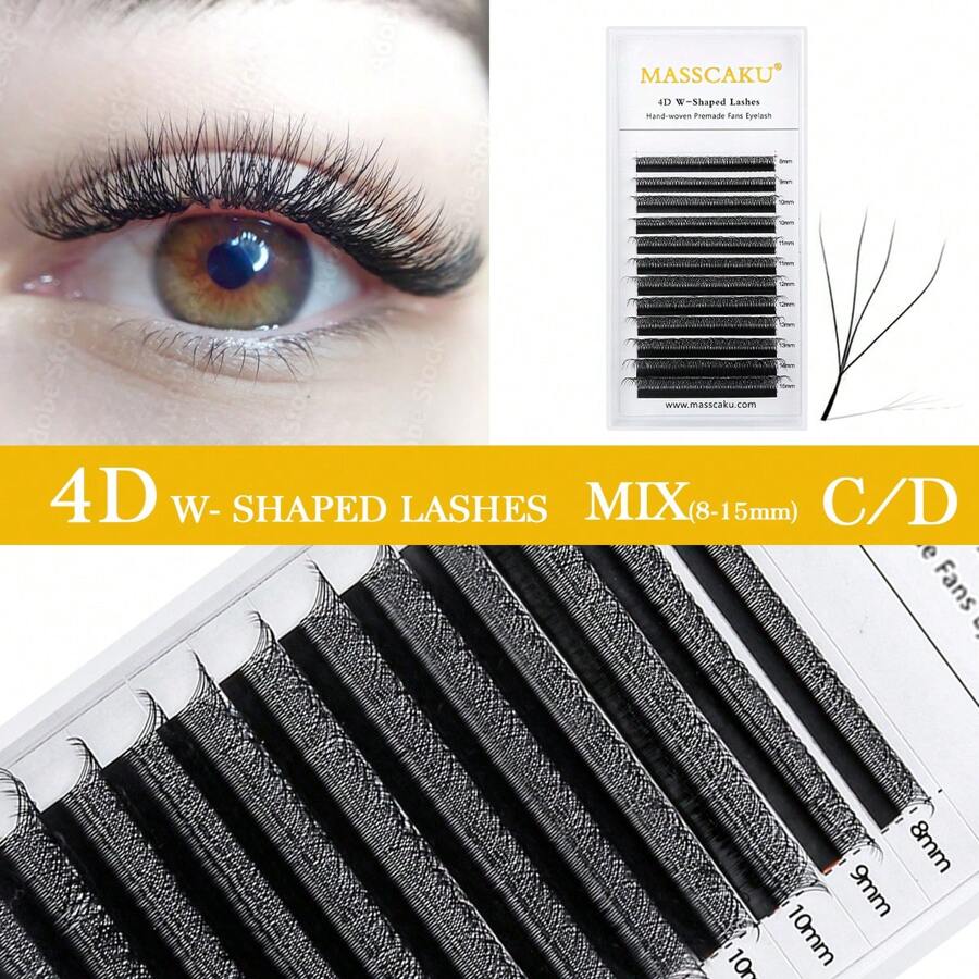 12條masscaku W型睫毛擴展自動開花預製扇形睫毛柔軟輕盈,密度濃密,天然睫毛用品4d - 黑色 - 查看 1