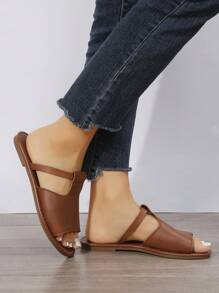 Zapatillas De Casa Planas Casuales Para Mujeres, Negras, De Punta Redonda Abierta, Deslizadores Antideslizantes, Zapatillas De Playa Al Aire Libre