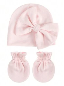 3入組嬰兒嬰兒蝴蝶結帽,防刮連指和美式短靴套裝 - 駝色 - 查看 2