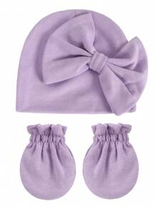 3入組嬰兒嬰兒蝴蝶結帽,防刮連指和美式短靴套裝 - 駝色 - 查看 4