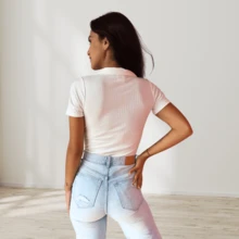 Body con cuello tipo polo unicolor ajustado de moda casual - Blanco - Ver 5