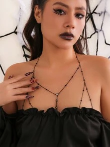 1 件歐美風格性感誇張沙灘休閒身體鏈,水鑽吊墜流蘇項鍊,比基尼鏈 - 黑色 - 查看 1