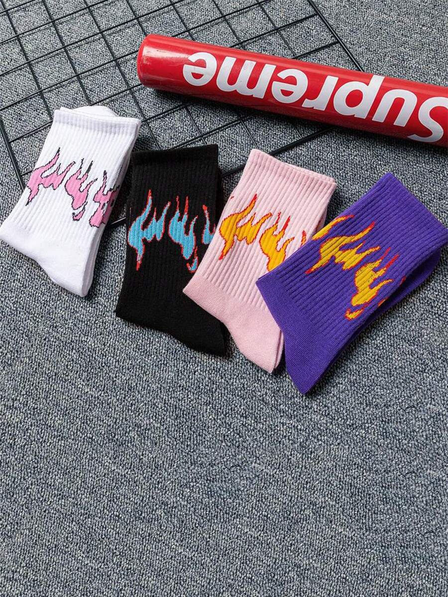 1 Pieza Media Caña Con Impresión De Llama Y Color Aleatorio, Adecuado Para Uso Diario - Multicolor - Ver 1