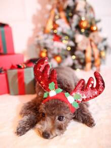 nicovaer 1入組聖誕閃粉馴鹿角寵物頭箍,尺寸15-55cm可調,適用於貓狗聖誕裝扮