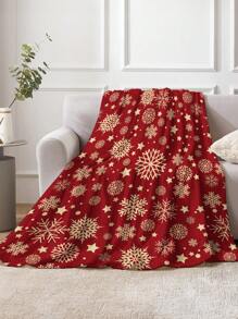1pc Geometric Snowflake & Five-pointed Star Design Christmas Pattern Blanket, Soft And Warm Fleece Blanket, Suitable For Home Decoration, Living Room, Sofa, Recliner And Bedroom Bedding - Multicolor - View 3