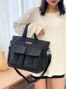 Solid color front pocket large capacity shopping bag tote bag - Black - View 3