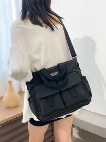 Solid color front pocket large capacity shopping bag tote bag - Black - View 5