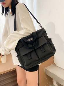 Solid color front pocket large capacity shopping bag tote bag - Black - View 2