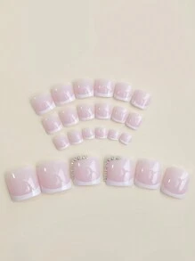 24 pezzi di unghie finte per i piedi di forma quadrata corta con punta bianca francese, con decorazioni in strass 3D, finitura lucida, copertura completa per donne e ragazze - include lima per unghie e adesivo in gel per unghie - Multicolore - Visualizzare 4