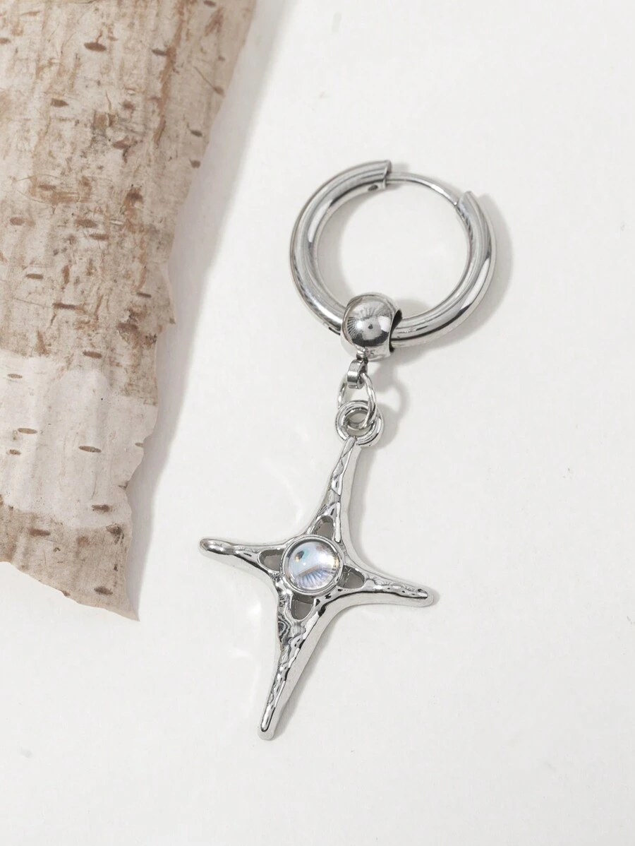 1pc Fashionable Cool Asymmetrical Cross Stainless Steel Pendant Earring For Men's Daily Wearing - Silver - View 1