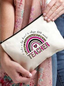 Teacher Change The World Print Cosmetics Bag, Travel Pouch Bag Toiletry Bag, Gift For Teacher - Beige - View 7