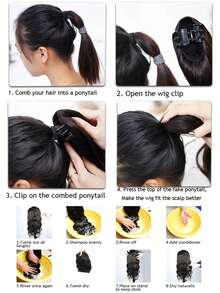 Claw clip with inner buckle and ponytail synthetic short straight claw clip on ponytail extension 12 inches synthetic heat-resistant hair dark brown - Black-brown - View 7