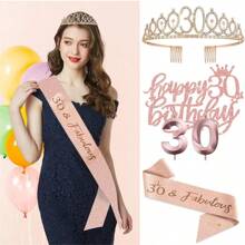 4入組 30歲女士生日裝飾，包括30歲生日皇冠/頭饰、腰帶、蛋糕插旗和蠟燭，30週年慶祝裝飾品，30歲女士生日禮物：發夾和頭帶 - 30th - 查看 1
