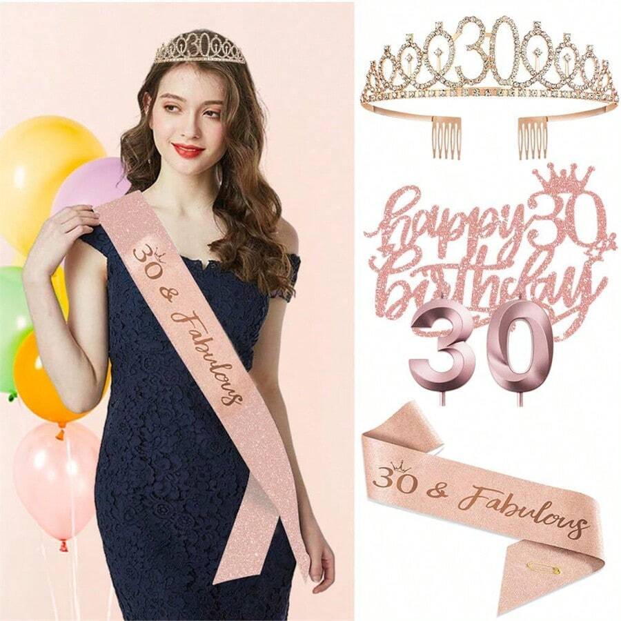 4入組 30歲女士生日裝飾，包括30歲生日皇冠/頭饰、腰帶、蛋糕插旗和蠟燭，30週年慶祝裝飾品，30歲女士生日禮物：發夾和頭帶 - 30th - 查看 1