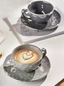 1pc Ceramic Coffee Cup Set With Coaster, Suitable For Home And Office Use, Great As A Gift For Friends - Dark Grey - View 3