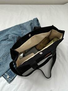 簡約風燈芯絨托特包,字母貼飾單肩包,多口袋斜挎包 - 黑色 - 查看 5