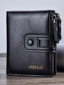 男款短款pu皮夾層,拉鍊式多層錢包,大容量多卡位持有人,鈔票夾 - 黑色 - 查看 6