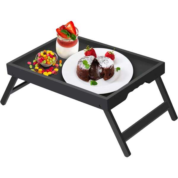 Artmeer Bed Tray Table with Folding Legs,Bamboo Breakfast in Bed for TV Table, Laptop Computer Tray,Eating,Snack Tray(Black)