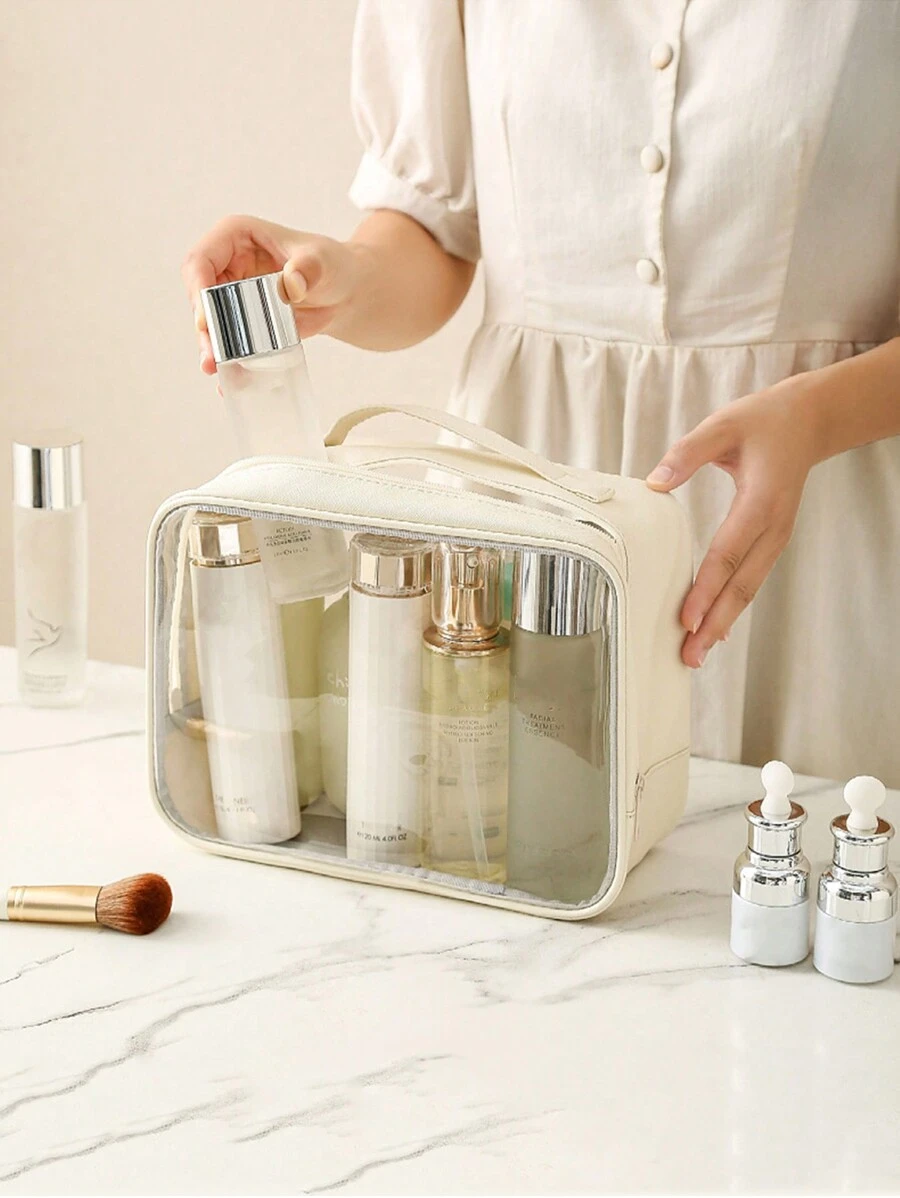 1 件女士便携式透明 PVC 化妆包，大容量洗漱包，适用于沐浴、健身、游泳和旅行收纳化妆包 PU 皮革，非常适合音乐节化妆品收纳袋化妆品收纳包迷你袋旅行小化妆盒配件化妆架刷袋化妆品容器化妆包旅行必需品女士配件旅行用品化妆包化妆包化妆包 - 米色 - 查看 1