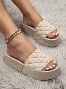 New Arrival Summer Women's Casual Fashionable Thick Bottom Diamond Checkered Anti Slip High Heel Slippers For Outdoor, Beach, Comfortable Apricot Flip Flops