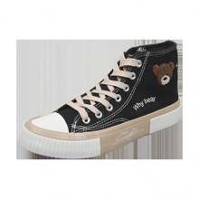 女式熊設計高筒帆布鞋,休閒韓式時尚女孩鞋 - 黑色 - 查看 3