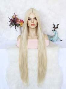 女士假发非常适合日常派对佩戴，40 英寸金色中分式超长直发假发，无蕾丝假发，高密度廉价假发，合成无胶耐热纤维假发，学校万圣节感恩节圣诞节服装配饰和 1 件假发帽 - 金色 - 查看 5