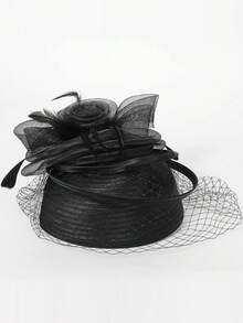 HIMESPORT 黑色帽子女式雞尾酒會茶禮服頭飾優雅肯塔基德比賽帽帶羽毛面紗 - 黑色 - 查看 3