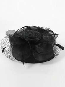 HIMESPORT 黑色帽子女式雞尾酒會茶禮服頭飾優雅肯塔基德比賽帽帶羽毛面紗 - 黑色 - 查看 4