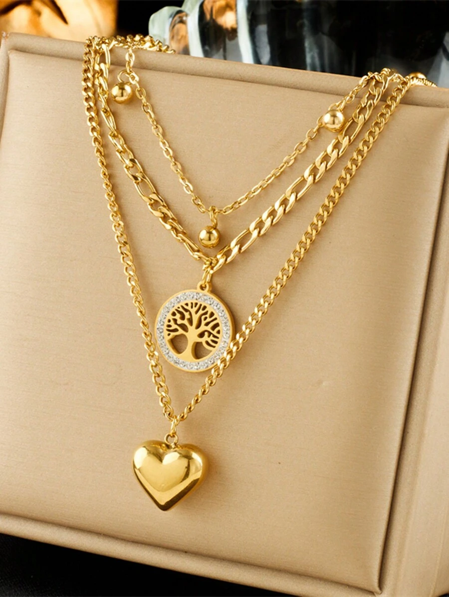 1 件多层镀金链钛钢生命树和心形设计吊坠项链情人节、妈妈、母亲、母亲节、礼物 - 金色 - 查看 1