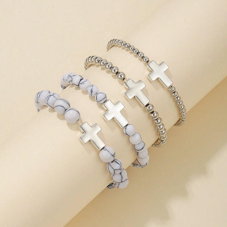 4pcs White Turquoise Beaded Bracelets In Different Sizes