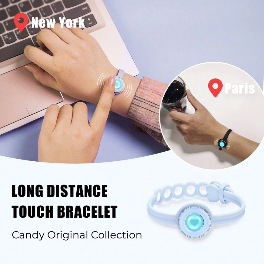 Totwoo Candy Collection-Long Distance Touch Single Bracelet-Colorful Band Bracelet, Vibration & Light Up For Love Couples Bracelet | Long Distance Relationship Gifts For Girlfriend Bluetooth Pairing Jewelry- Stay Connected Anytime, Anywhere - 淺藍色 - 查看 1