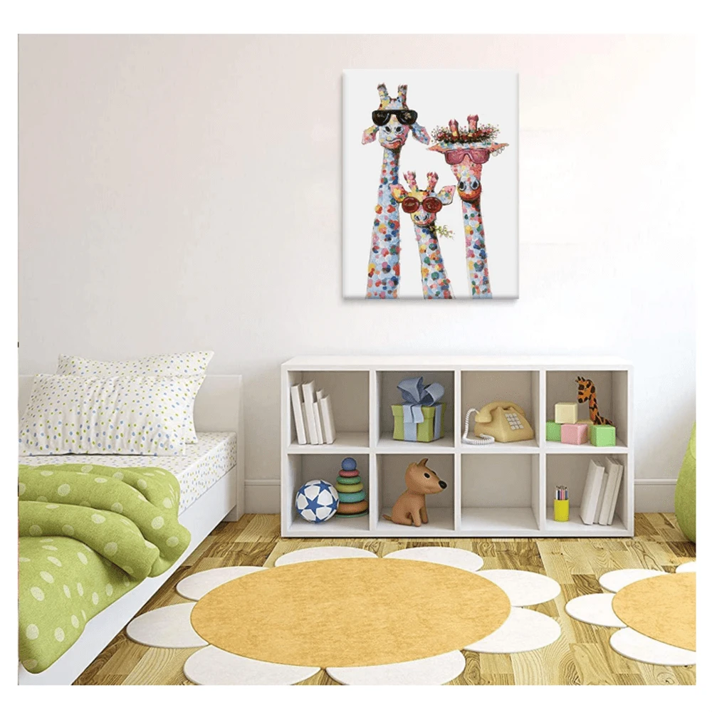 無框有趣動物畫布牆藝術裝飾,可愛的長頸鹿家族卡通畫作印刷畫面,擴展牆壁裝飾,適用於寢室兒童房間禮物