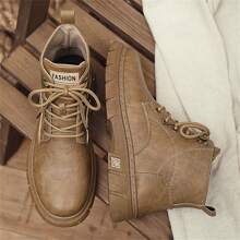 Men's British Style Fashion Motorcycle Boots With Thick Sole, Lace-up, Black Color Casual Shoes For Walking And Formal Occasions - Khaki - View 1