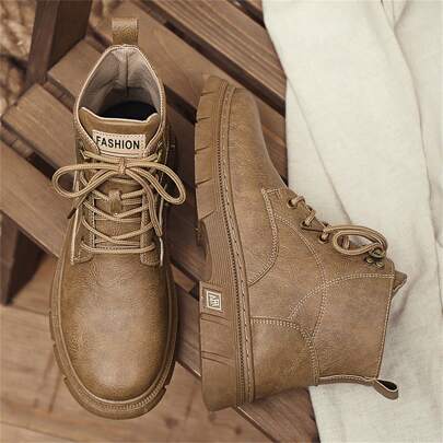 Men's British Style Fashion Motorcycle Boots With Thick Sole, Lace-up, Black Color Casual Shoes For Walking And Formal Occasions