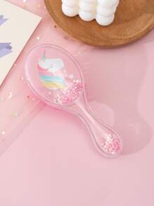 1 件装可爱粉色椭圆形卡通独角兽图案透明发刷，带星形闪光，便携式头皮按摩梳，适合家庭和旅行使用 - 粉色 - 查看 3
