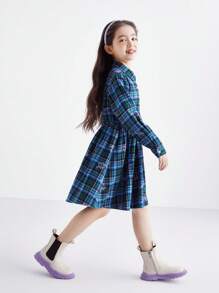 Annil Tween Girls  Fashion Fresh Plaid  Long Sleeve Dress Green