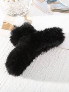 1pc Solid Color Plush Hair Claw Clip For Autumn & Winter Street - Black - View 2