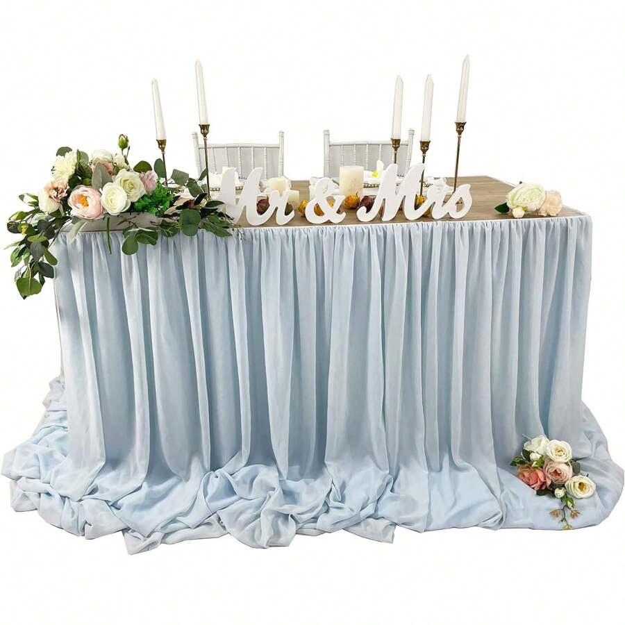 1入款淺藍色雪紡桌裙,適用於婚禮裝飾、嬰兒派對、生日派對、蛋糕桌、活動佈置
