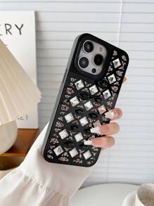 1 件黑色方形玻璃水钻防震手机壳保护套适用于 iPhone 15 Pro Max - 黑色 - 查看 2