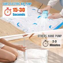 25 pc Various models of vacuum storage bags(5 Jumbo, 5 Large, 5 Medium, 5 Small, 5 Roll Up Bags), available for clothing, bedding, comfort items, travel, moving, saving you 80% of space, equipped with electric air pump, blue and white