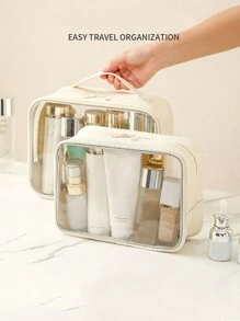 1 件女士便携式透明 PVC 化妆包，大容量洗漱包，适用于沐浴、健身、游泳和旅行收纳化妆包 PU 皮革，非常适合音乐节化妆品收纳袋化妆品收纳包迷你袋旅行小化妆盒配件化妆架刷袋化妆品容器化妆包旅行必需品女士配件旅行用品化妆包化妆包化妆包 - 米色 - 查看 2