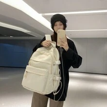 新款女士純色背包,中/高中學生和大學生旅行大容量旅行袋,適用於青少年女孩,女性大學生,男孩和男性,戶外,旅行,外出,返學,工作,商務,通勤,防水,經典,休閒 - 白色 - 查看 3